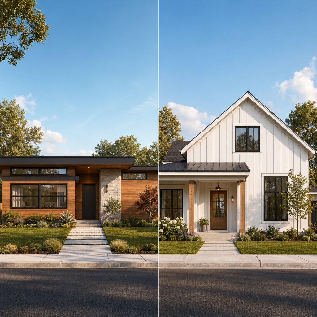 mid century modern and modern farmhouse homes showcasing how window styles define each architectural character