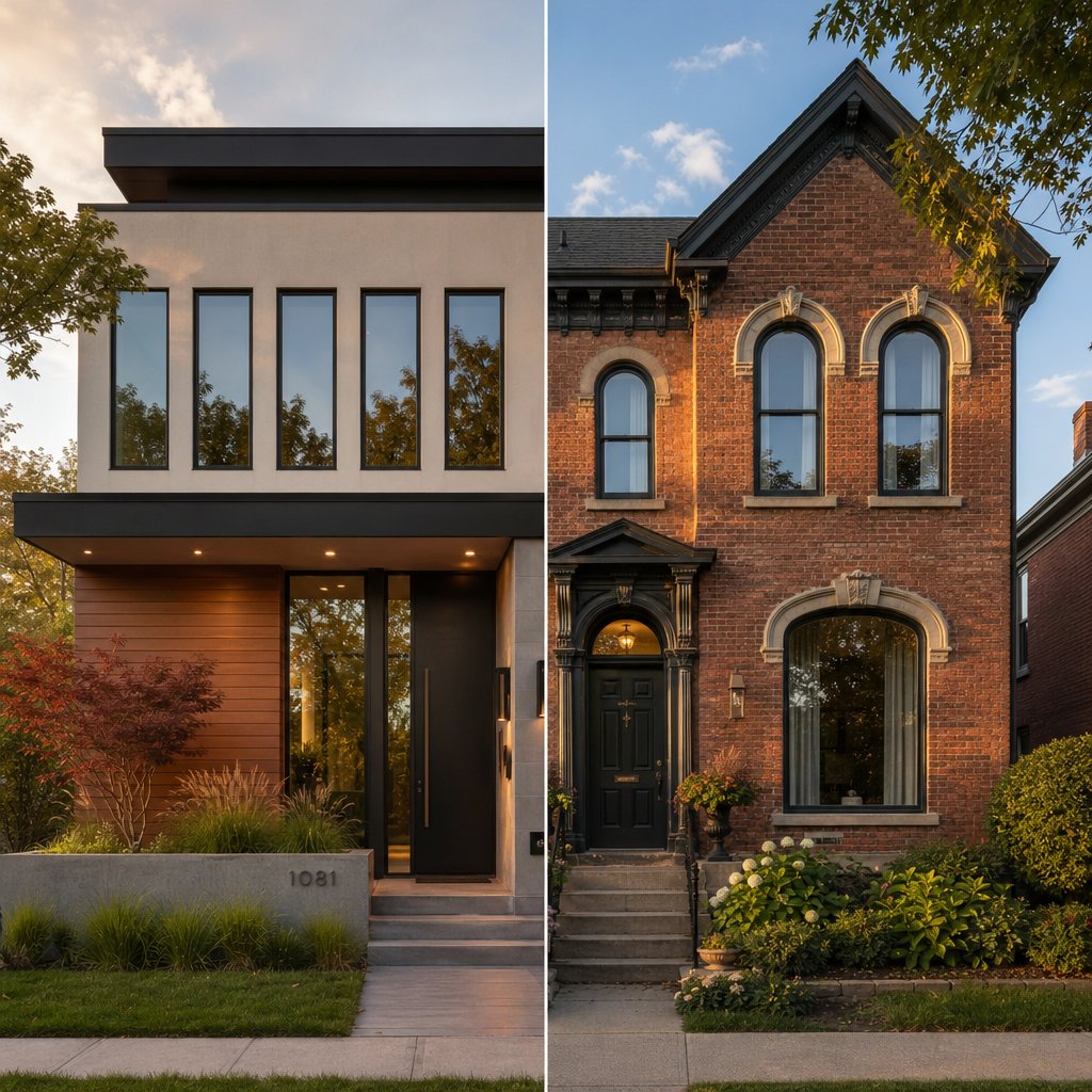 modern home with standard window openings compared to a heritage home with unique non standard window shapes