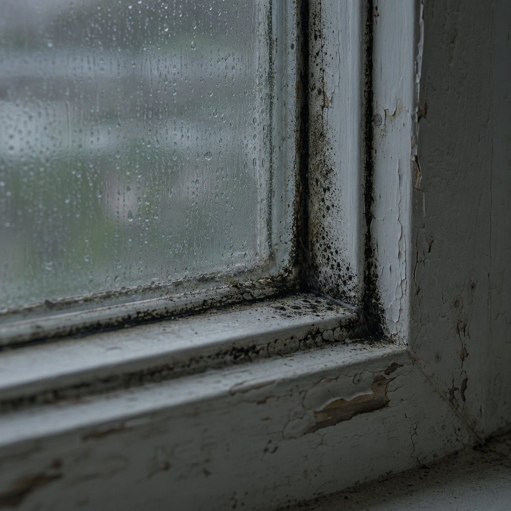 mold growth and peeling paint on a window frame caused by persistent condensation left untreated over time