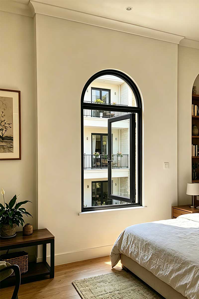 multi point locking hardware and reinforced hinge on an aluminium casement window