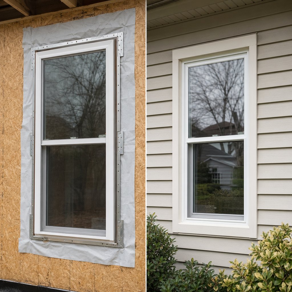 new construction windows install with nailing fins against bare sheathing