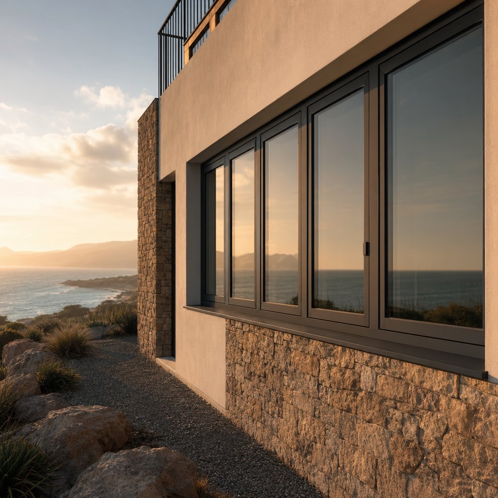 powder coated aluminium tilt and turn windows on a coastal home demonstrating corrosion resistance in salt air environments