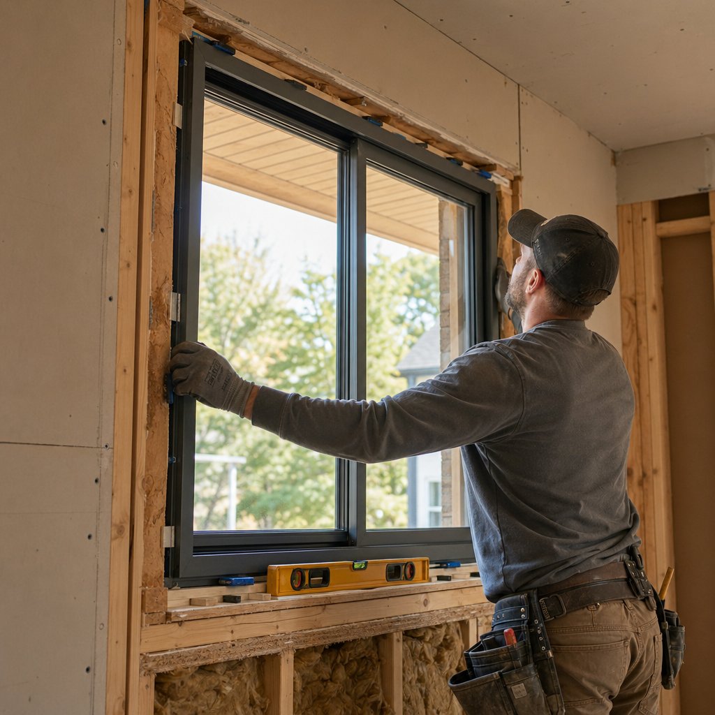 professional installation of an aluminum window into a prepared wall opening during a home renovation project