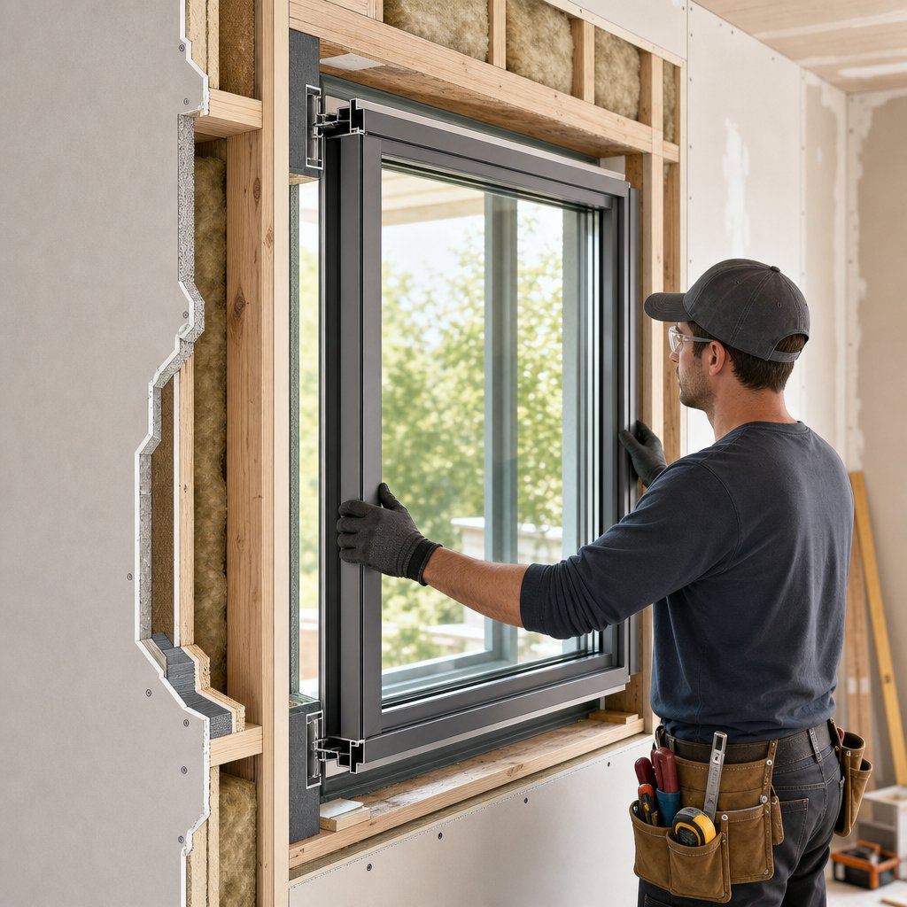 professional installer fitting a new aluminium window frame during a full frame replacement project