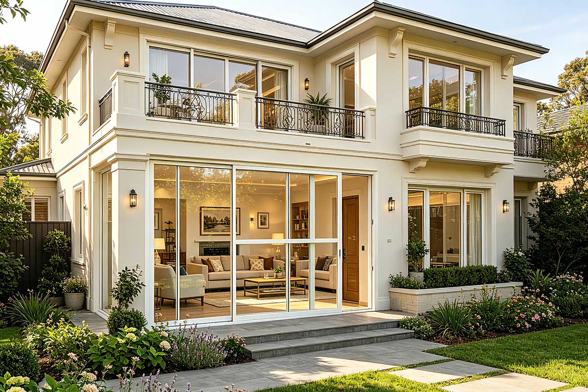 push out casement windows complementing a european inspired cottage facade with traditional architectural charm