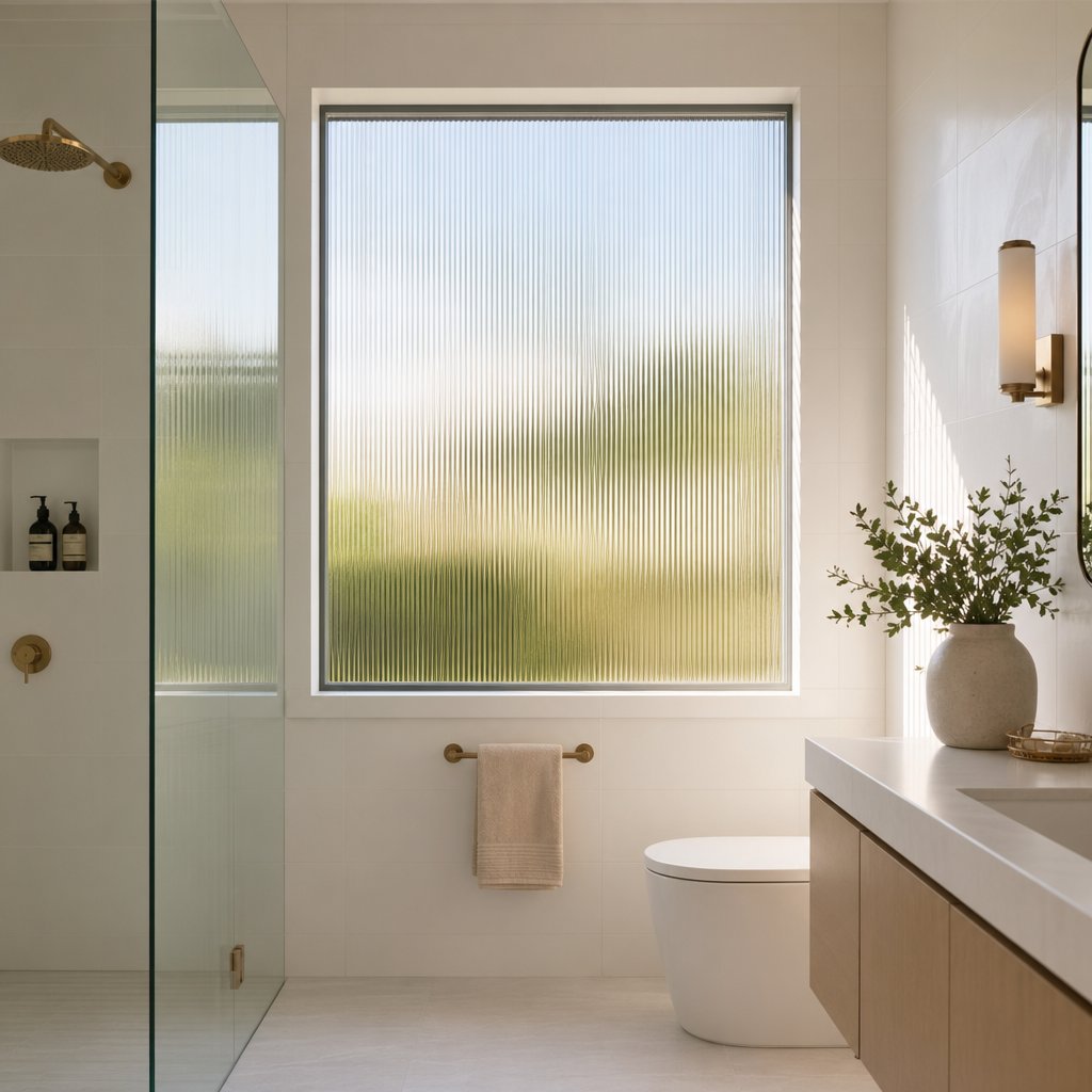 reeded privacy glass in a bathroom window diffuses natural light while blocking outside visibility