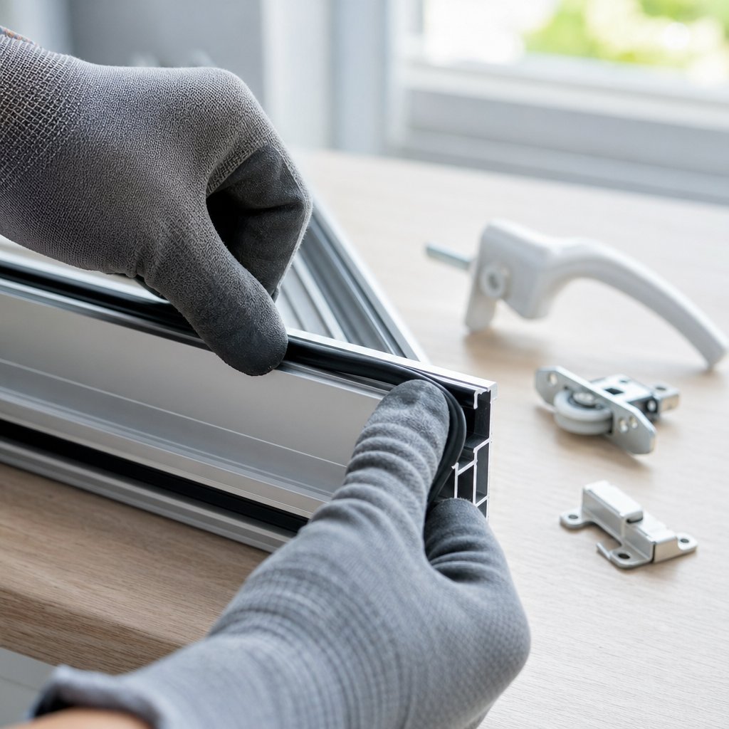 replacing rubber seals and hardware components on an aluminium window frame