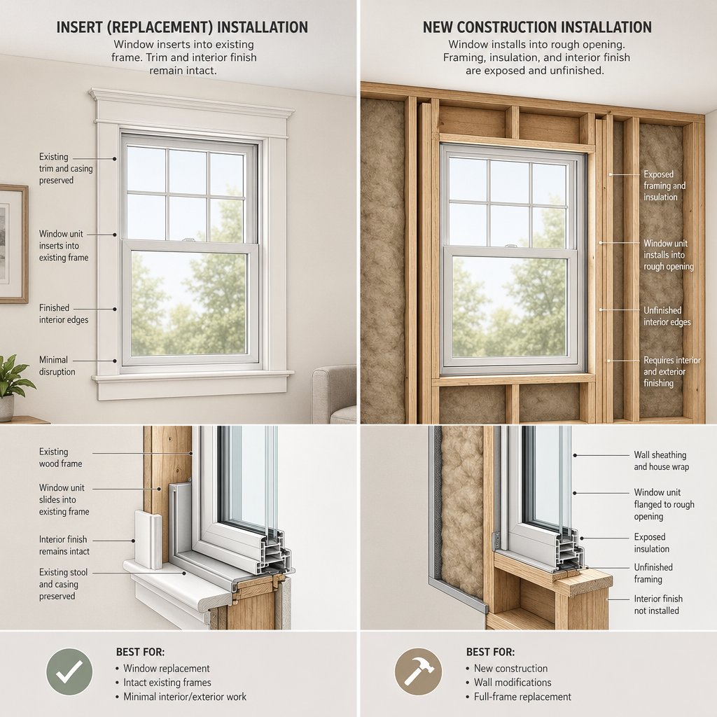retrofit windows fit inside existing frames while new construction windows mount directly to exposed wall studs