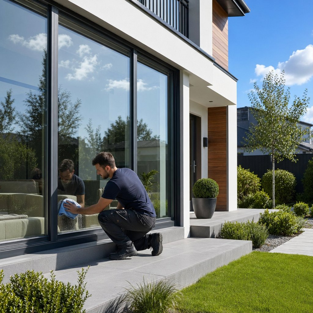 routine cleaning of contemporary aluminium framed windows to maintain their sleek appearance and longevity