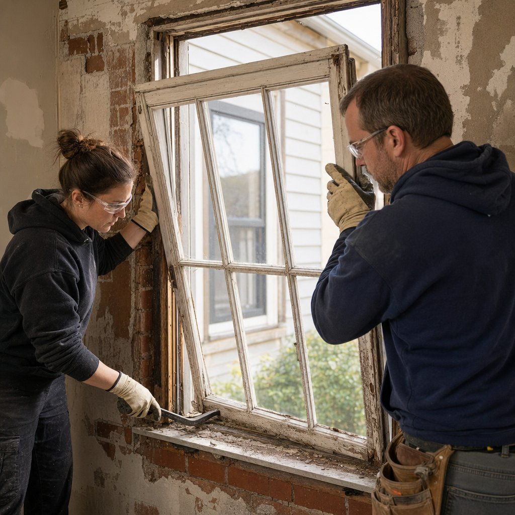 safely removing an old window frame in stages before preparing the opening for a new aluminium unit