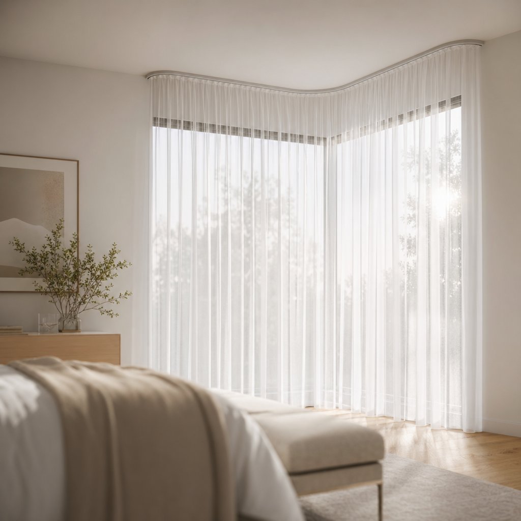 sheer curtains on a ceiling mounted track curving smoothly around a corner window junction
