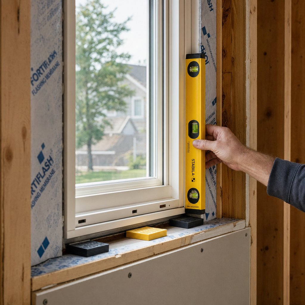 shimming a new window frame for plumb and level inside a properly flashed rough opening