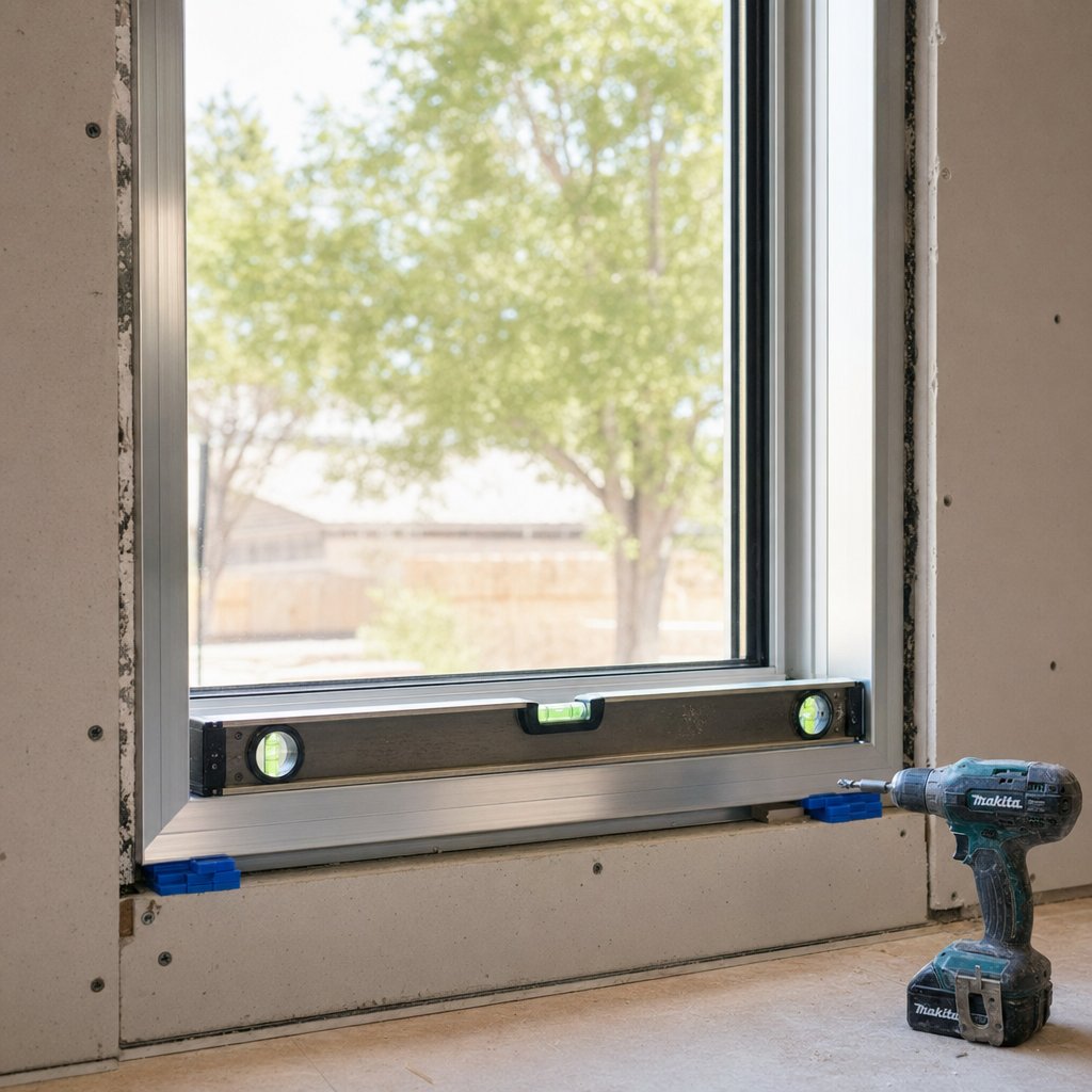 shimming and levelling an aluminium window frame before securing it with fixings