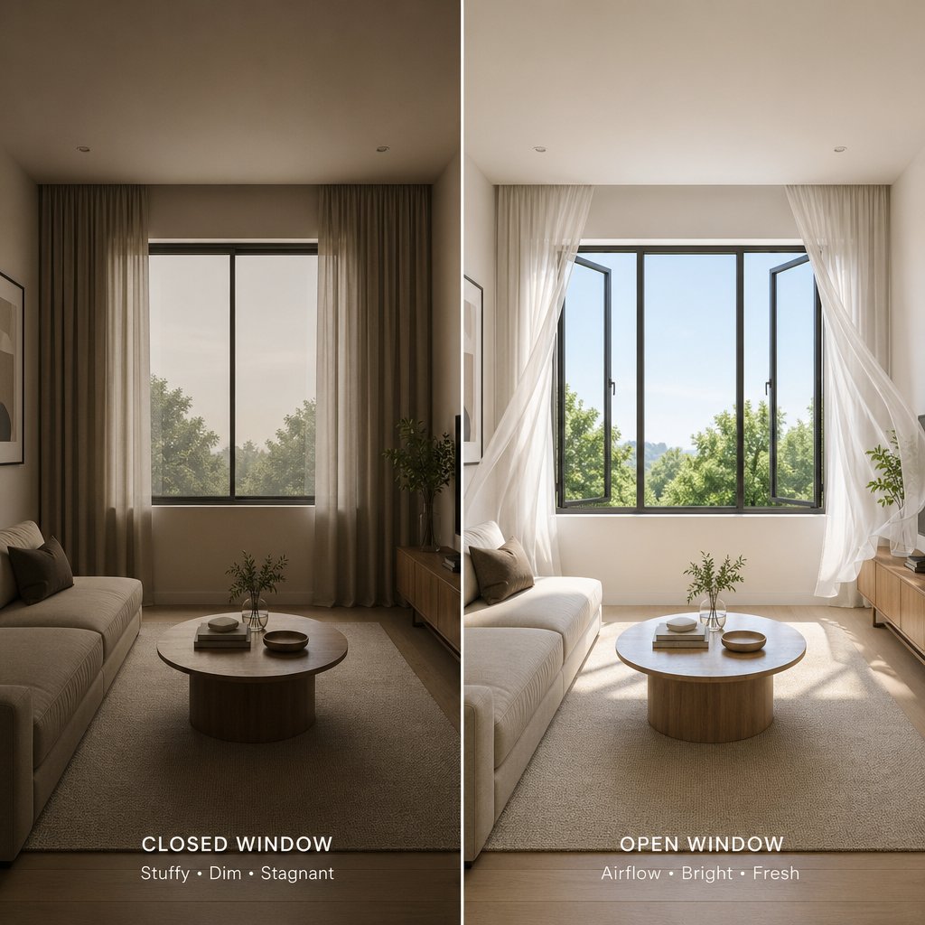 side by side comparison of a room with only fixed glass versus one combining fixed and operable windows for better airflow