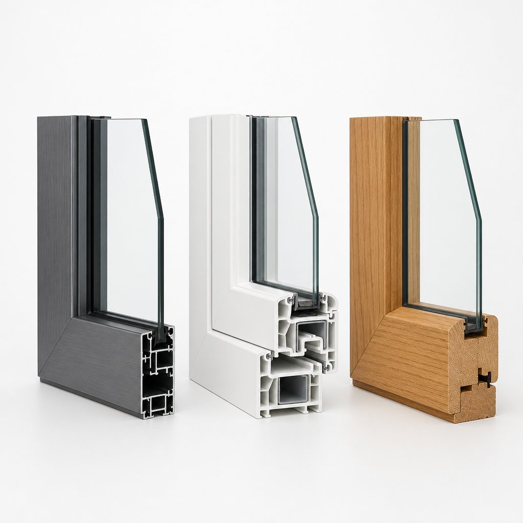 side by side comparison of aluminium upvc and timber window frame profiles highlighting differences in width and material construction