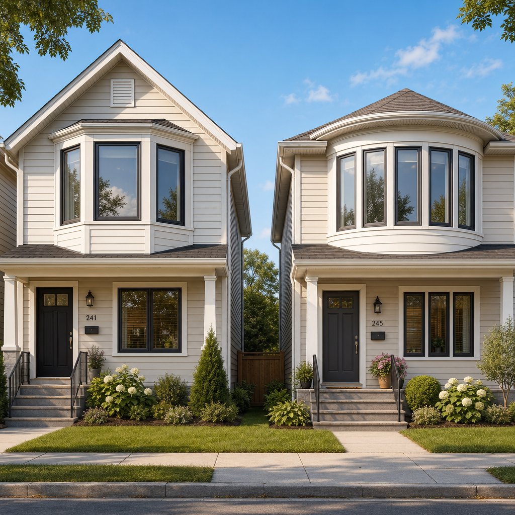 side by side comparison of an angular bay window and a curved bow window on residential home exteriors