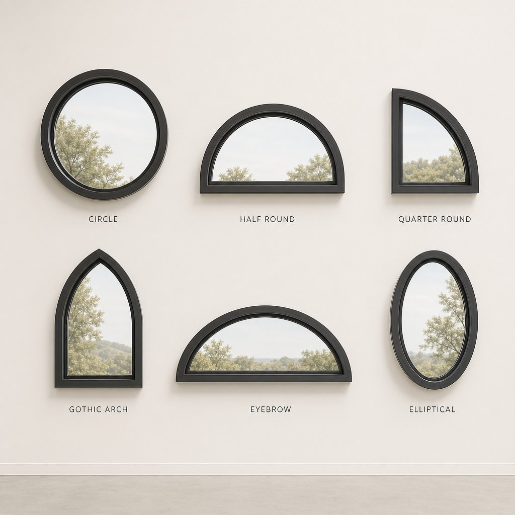 side by side comparison of common rounded window shapes including full circle half round gothic arch and eyebrow styles