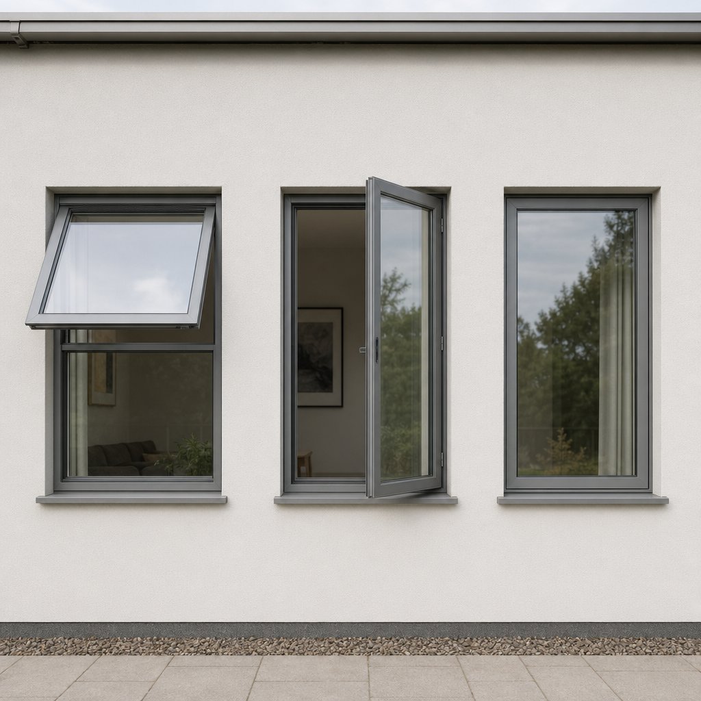 side by side comparison of top hung side hung casement and closed window positions on a building facade