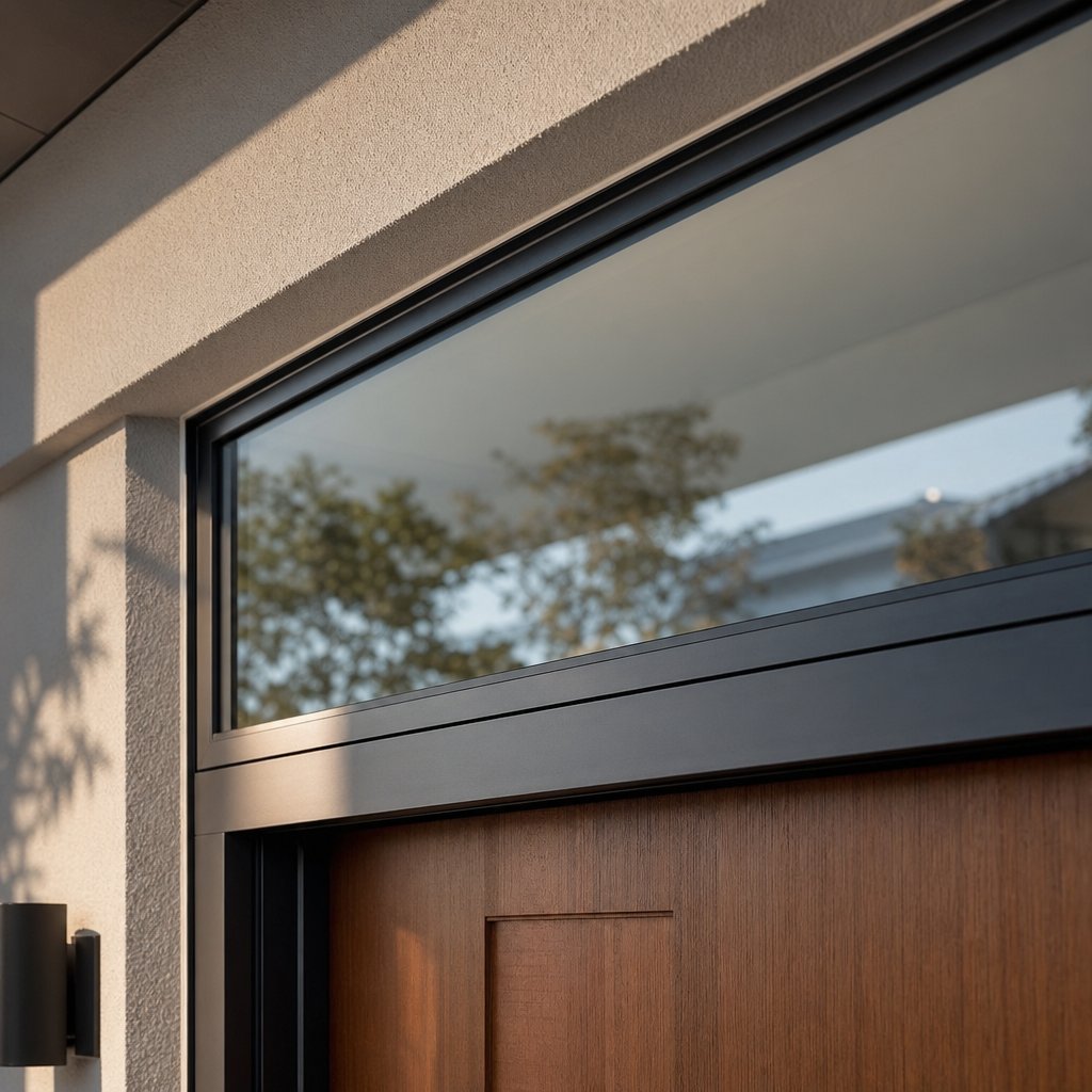 slim aluminium transom frame maximising glass area above a contemporary front door