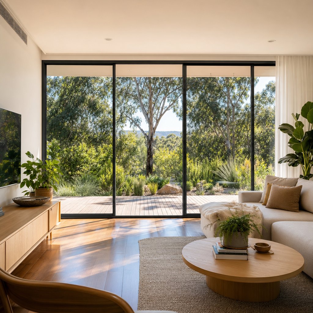 slim aluminium window frames maximising natural light and glass area in a contemporary living space