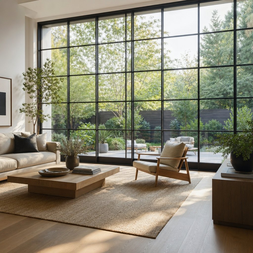 slim aluminum window frames in a bright living room showcasing the strength to weight advantage that allows maximum glass area and natural light