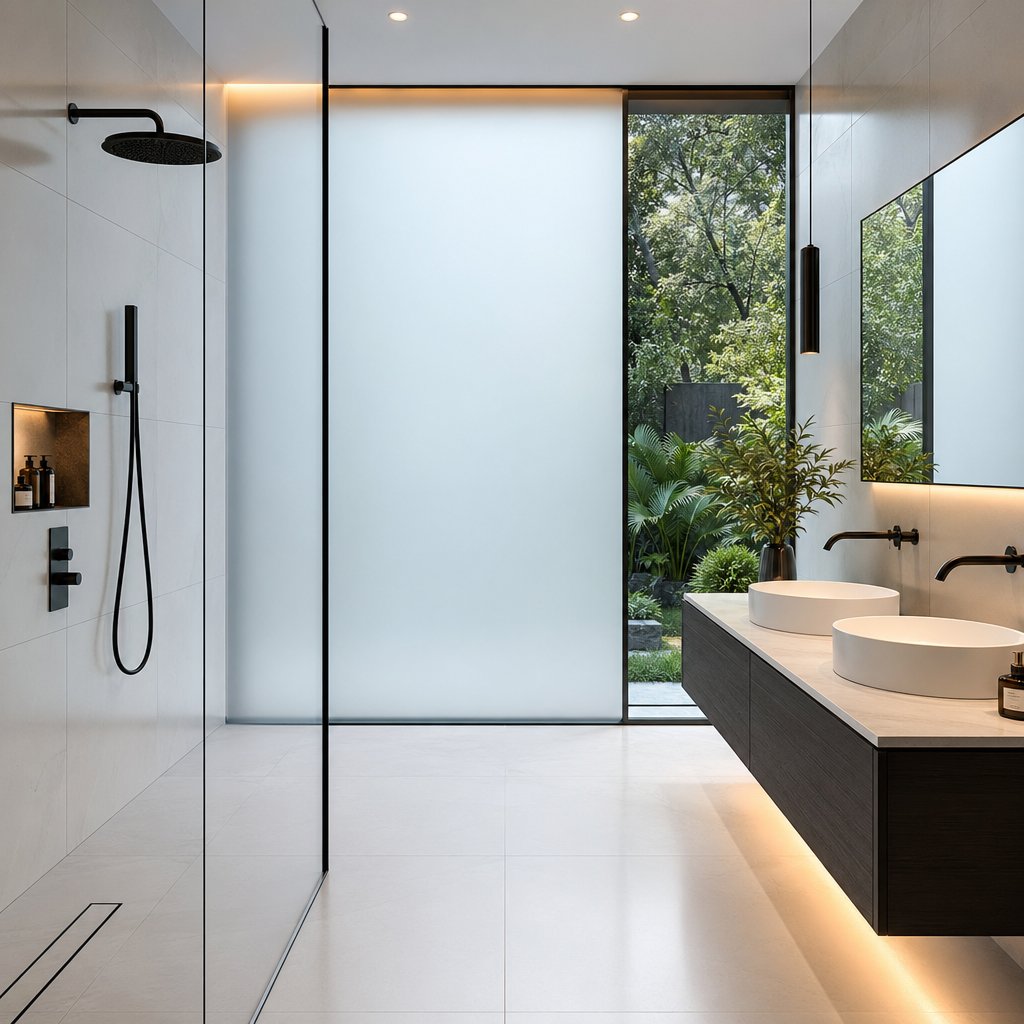 smart glass in a bathroom switching between frosted privacy and clear views without curtains