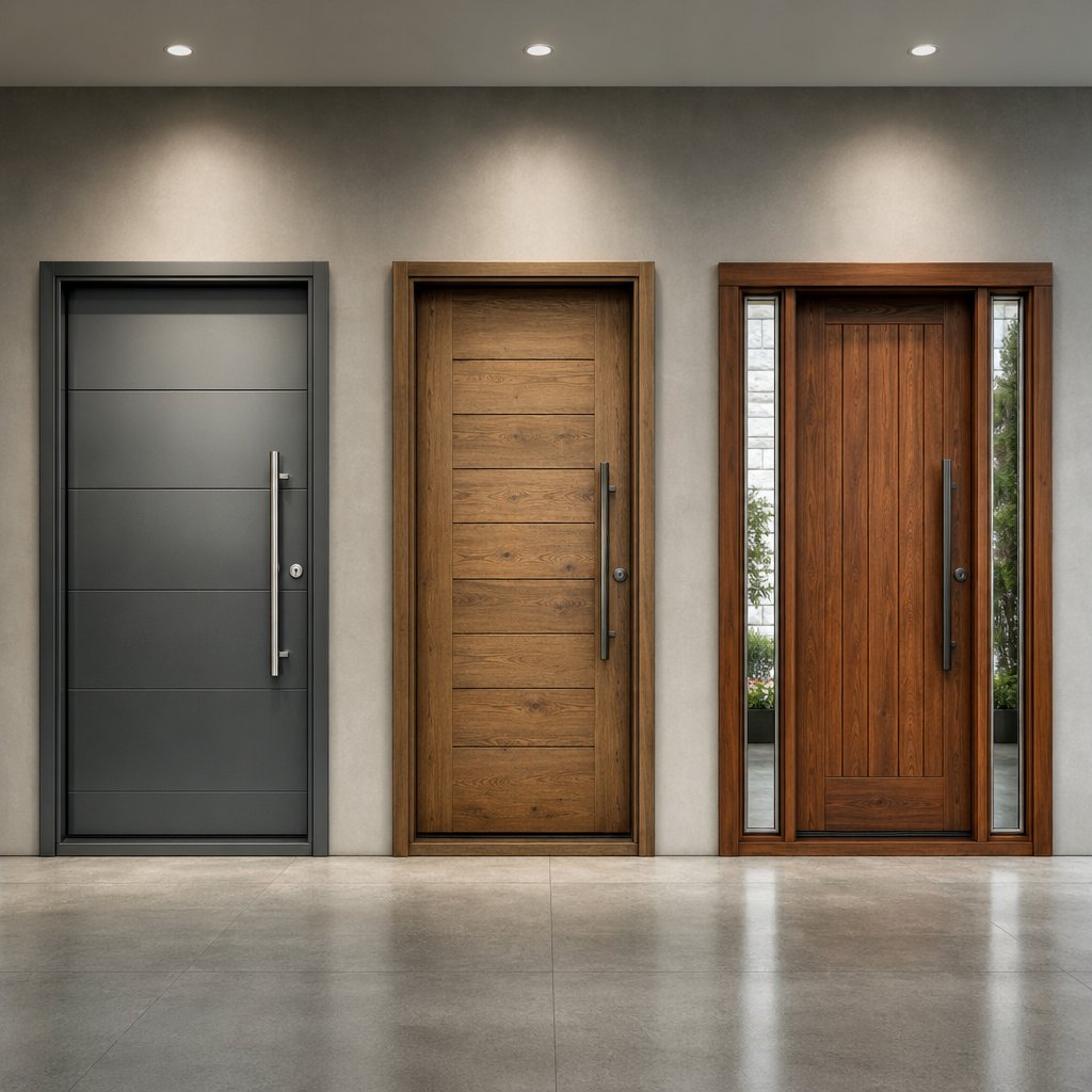 steel fibreglass and solid wood entry doors displayed together