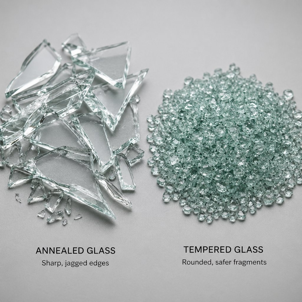 tempered safety glass breaks into small granular pieces compared to the dangerous sharp shards of annealed glass