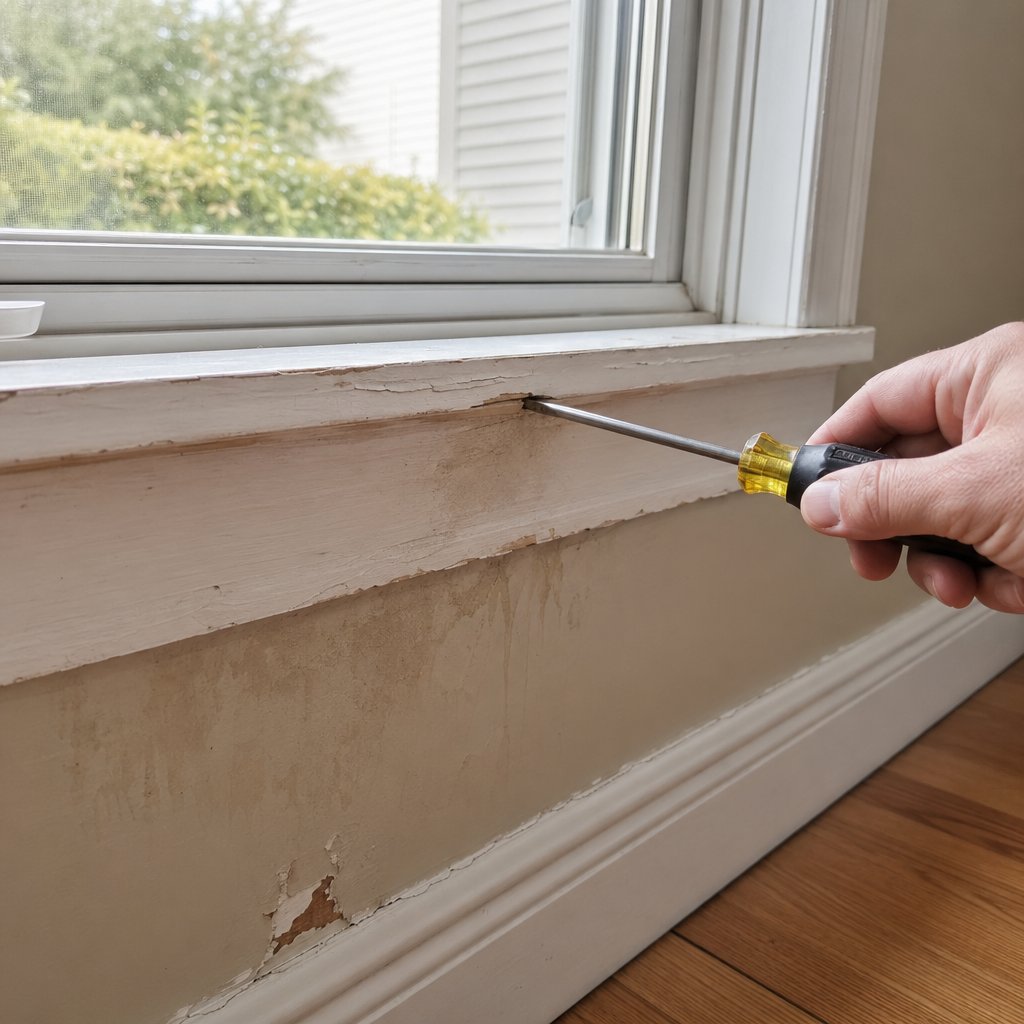 testing a window sill for rot by pressing a screwdriver into the wood a key diagnostic step when sill flashing failure is suspected