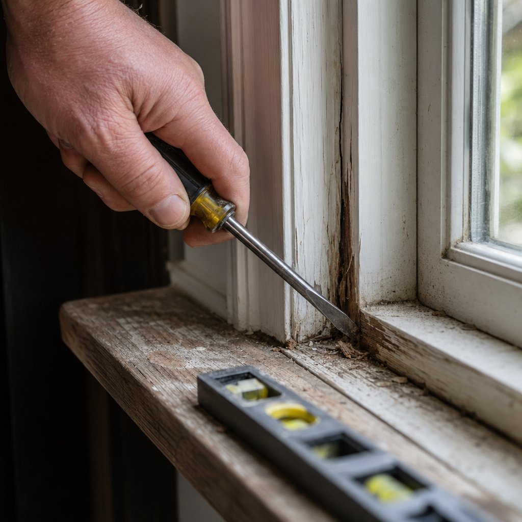 testing a wooden window sill for rot with a screwdriver probe before committing to retrofit installation