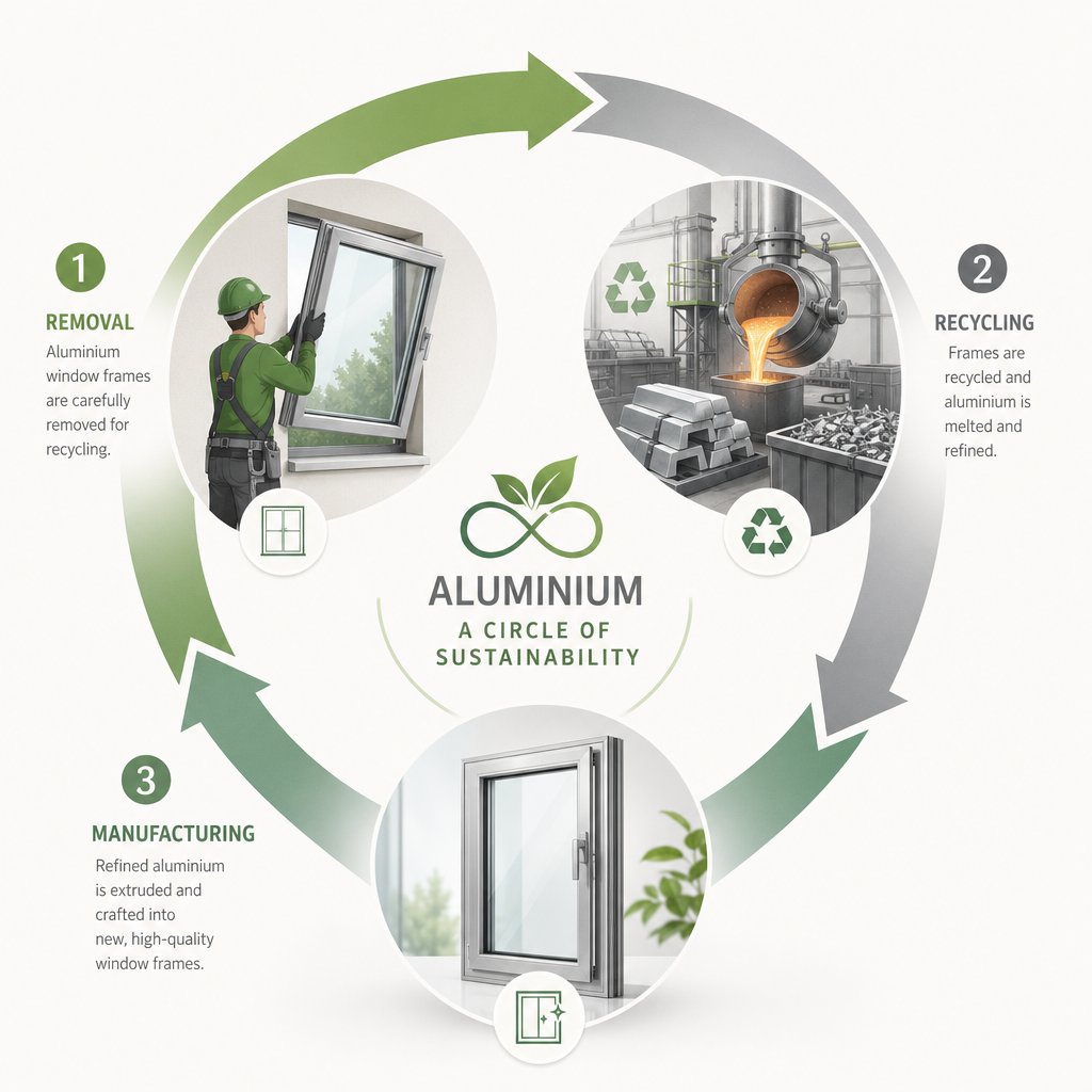 the circular recycling lifecycle of aluminium window frames from removal to remanufacture