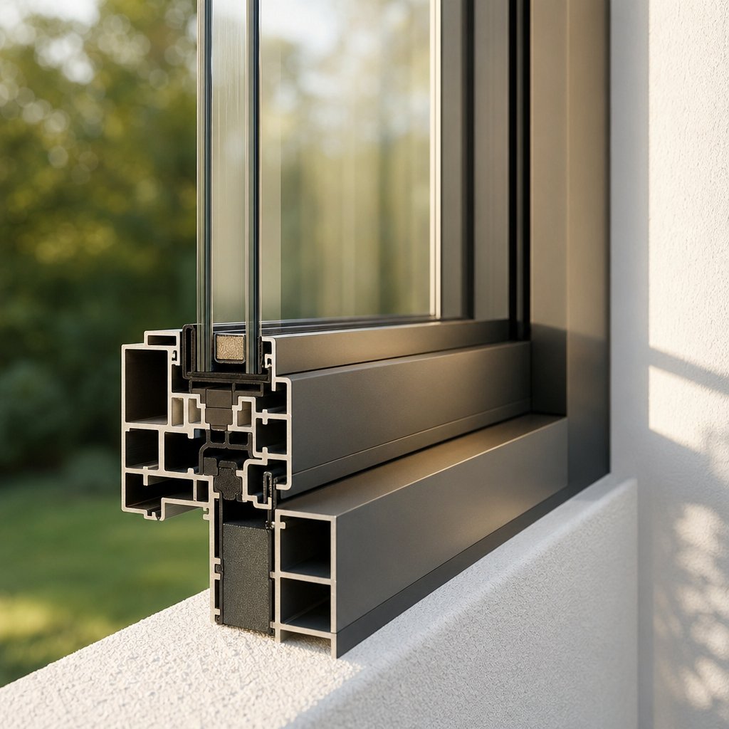 thermally broken aluminium frame profile on a top hung window highlighting slim sightlines and modern finish