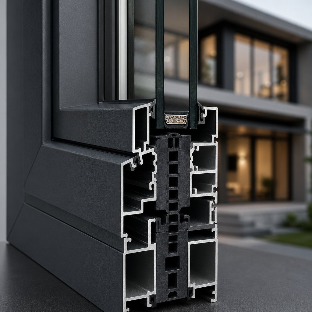 thermally broken aluminium frame profile showing the slim sightlines and modern finish of contemporary tilt and turn windows