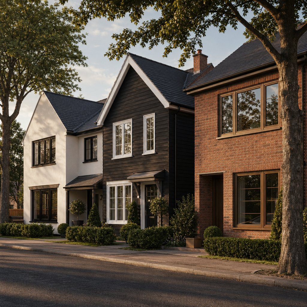 three homes showcasing how black white and bronze window frames complement different facade materials
