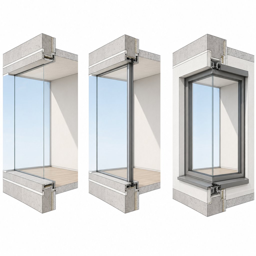 three main corner window types postless butt glass slim post mullion and projecting corner bay