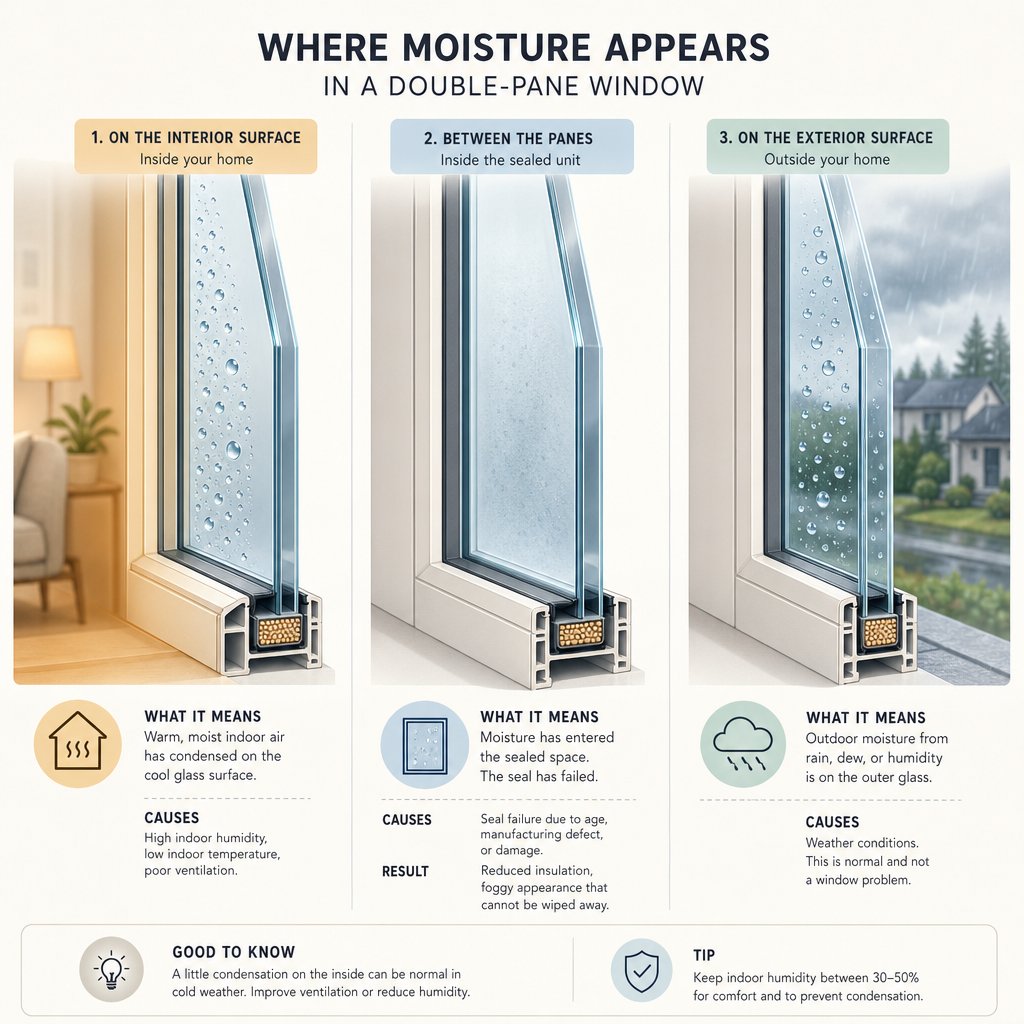 three types of window condensation interior between panes and exterior each with different causes and solutions