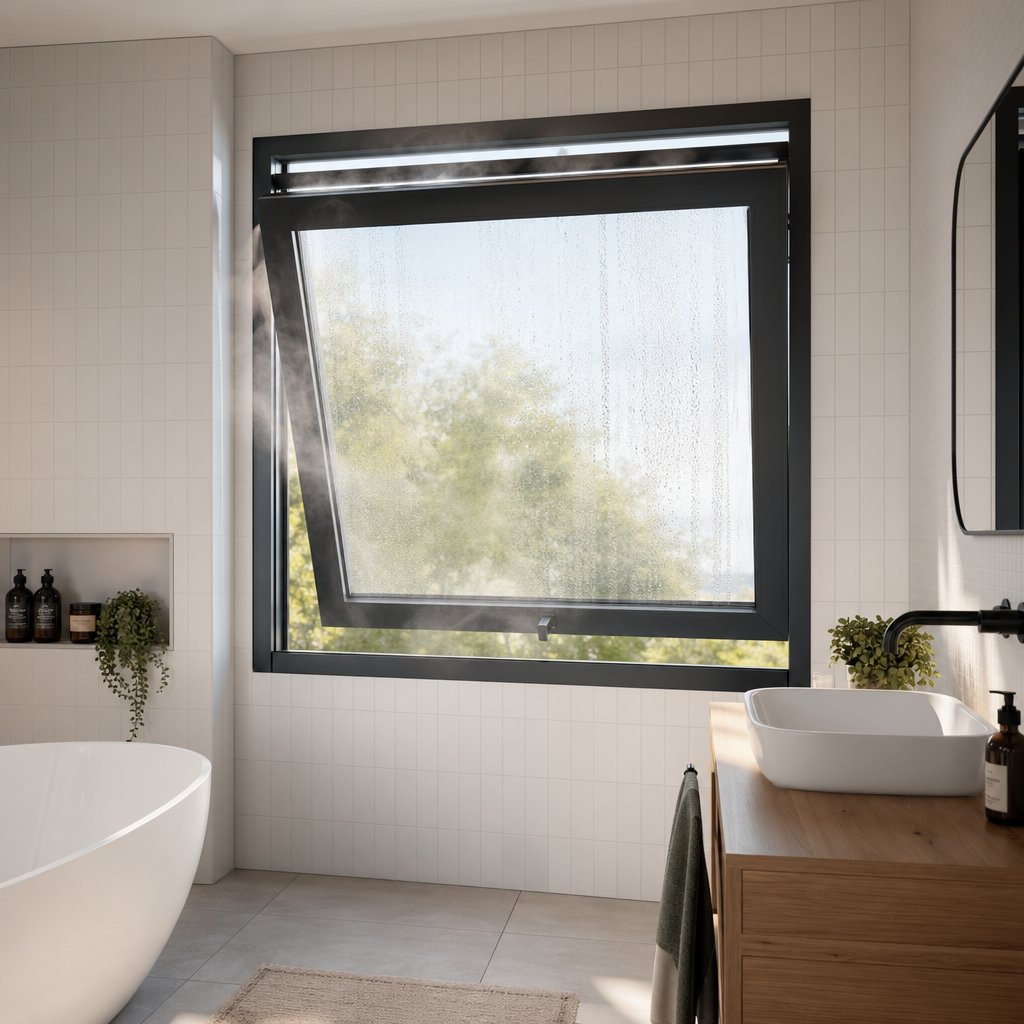 tilt and turn window in tilt ventilation mode in a bathroom allowing moisture extraction while maintaining privacy and security