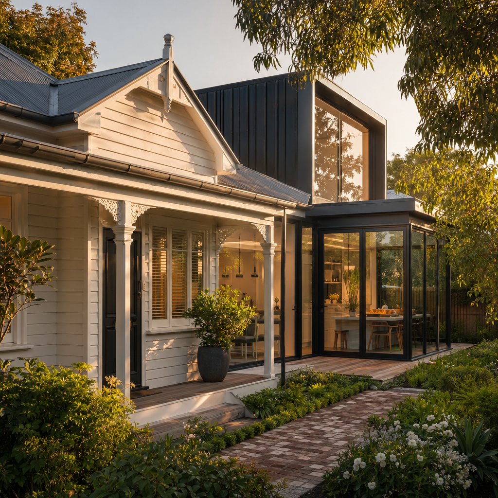 traditional weatherboard home with a contemporary glazed rear extension blending old and new architectural styles