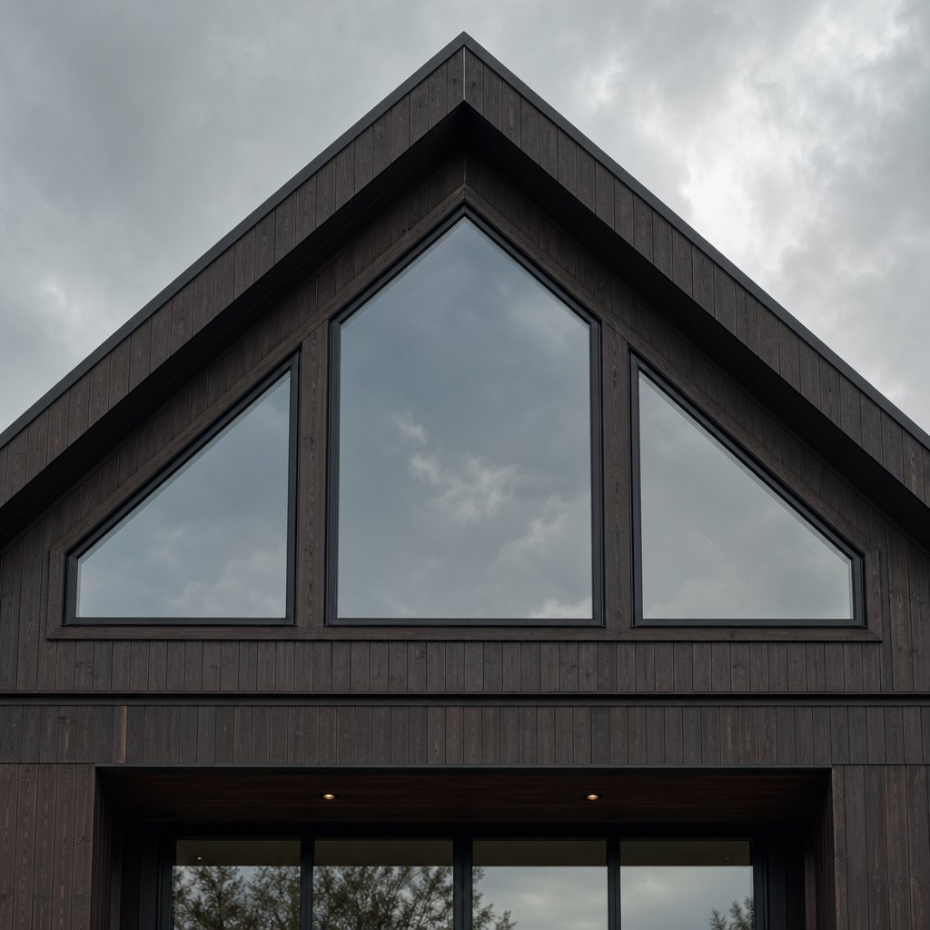 triangular and trapezoid windows fitted into a modern gable wall turning angled roofline spaces into striking architectural features