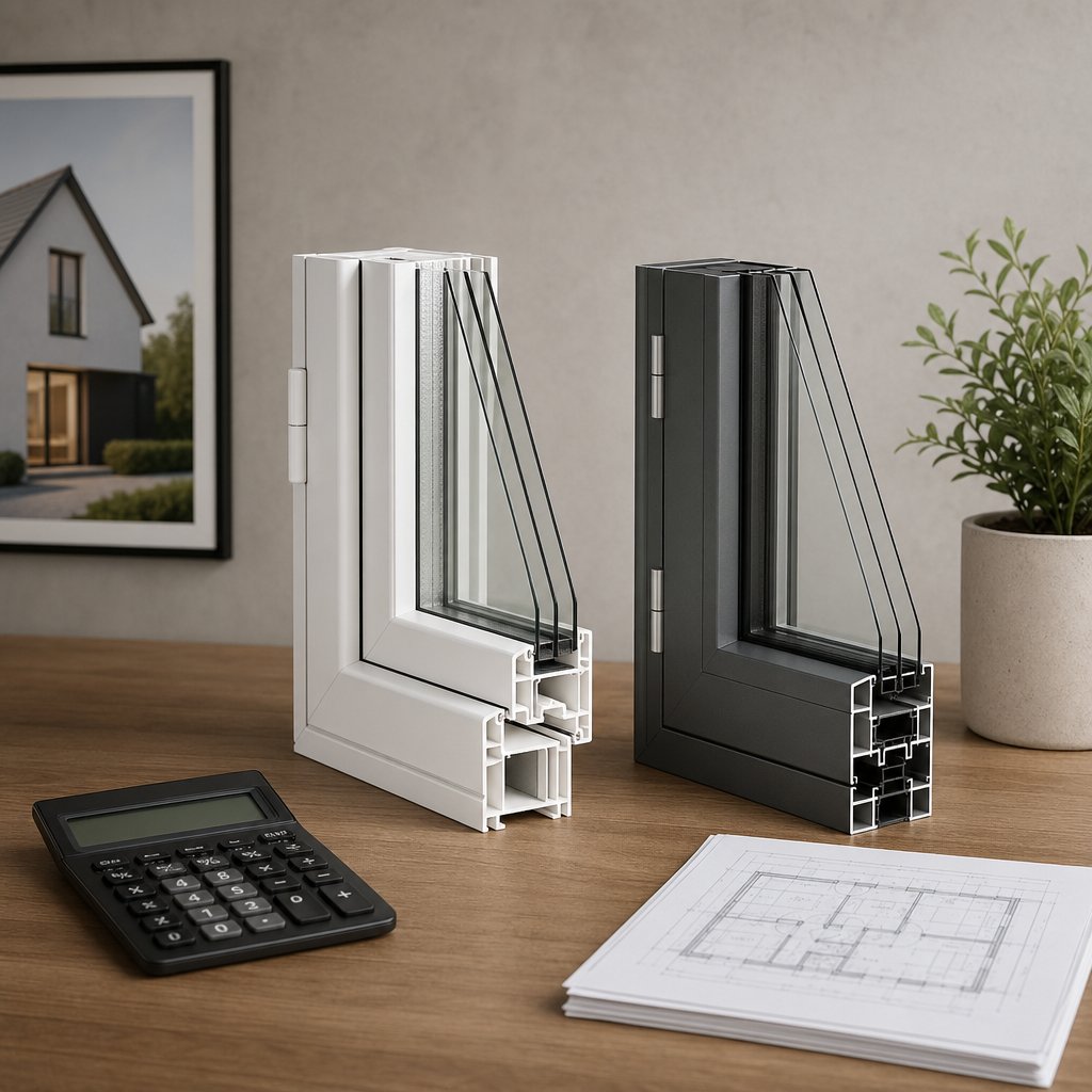 upvc and aluminium window frame samples alongside planning materials representing the cost comparison process