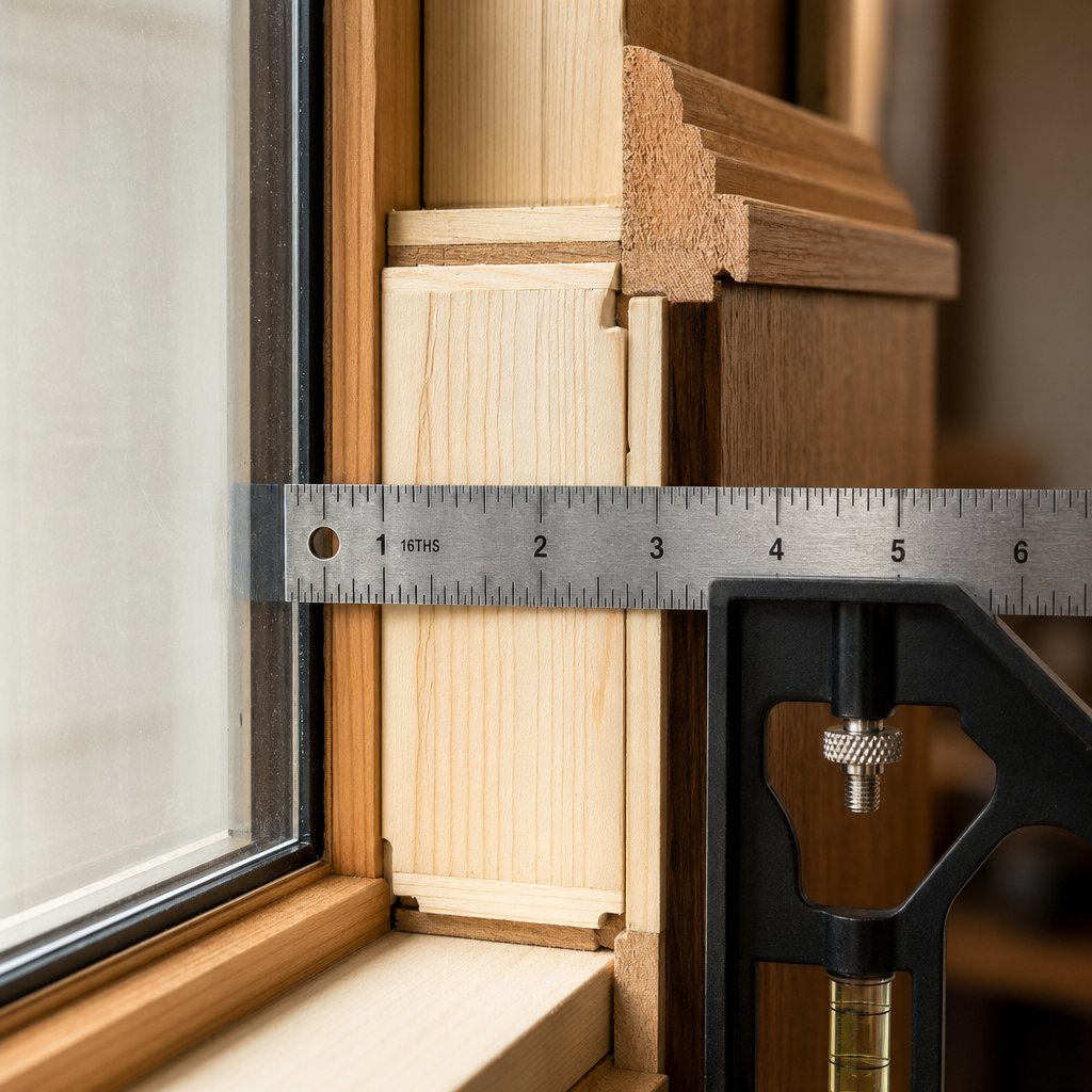 using a combination square to measure jamb depth through the window frame cross section