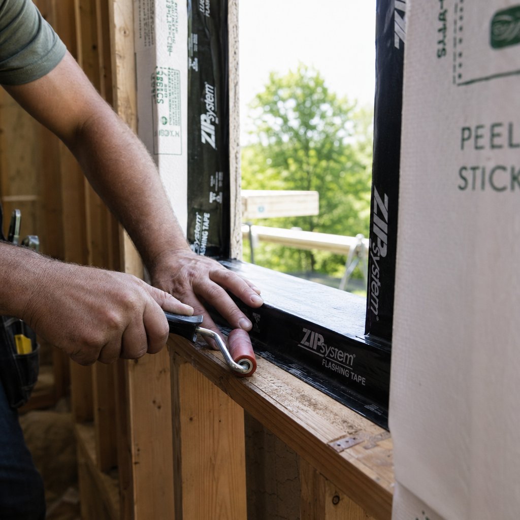 using a j roller to press flashing tape firmly into the sill and jamb corners