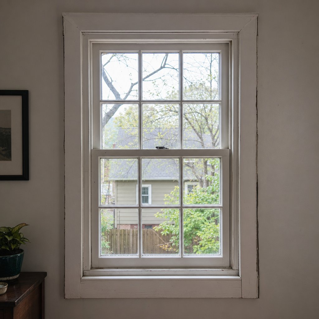 visible signs of window jamb deterioration including paint wear and gaps at the wall edge