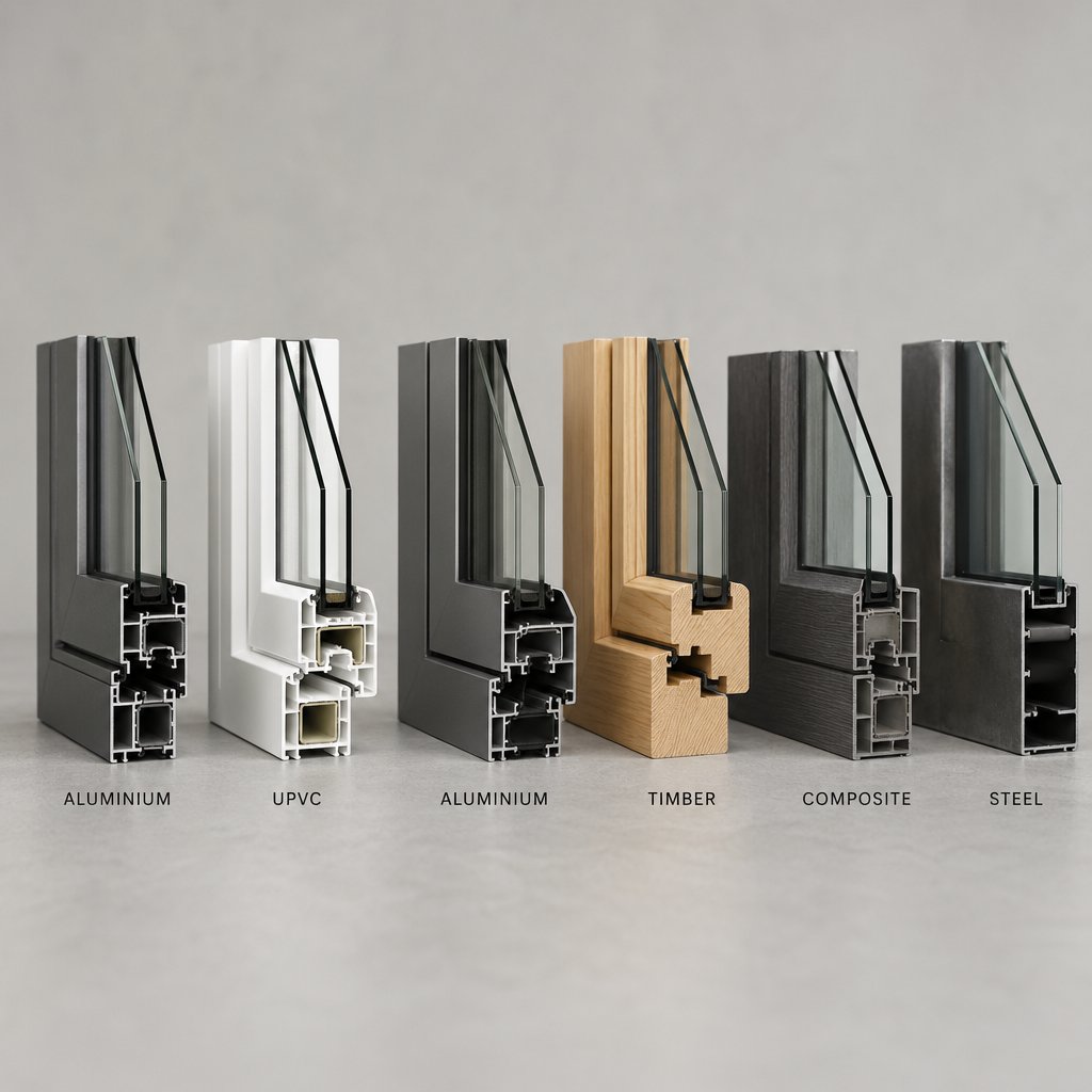 window frame material samples showing aluminium alongside upvc timber composite and steel alternatives