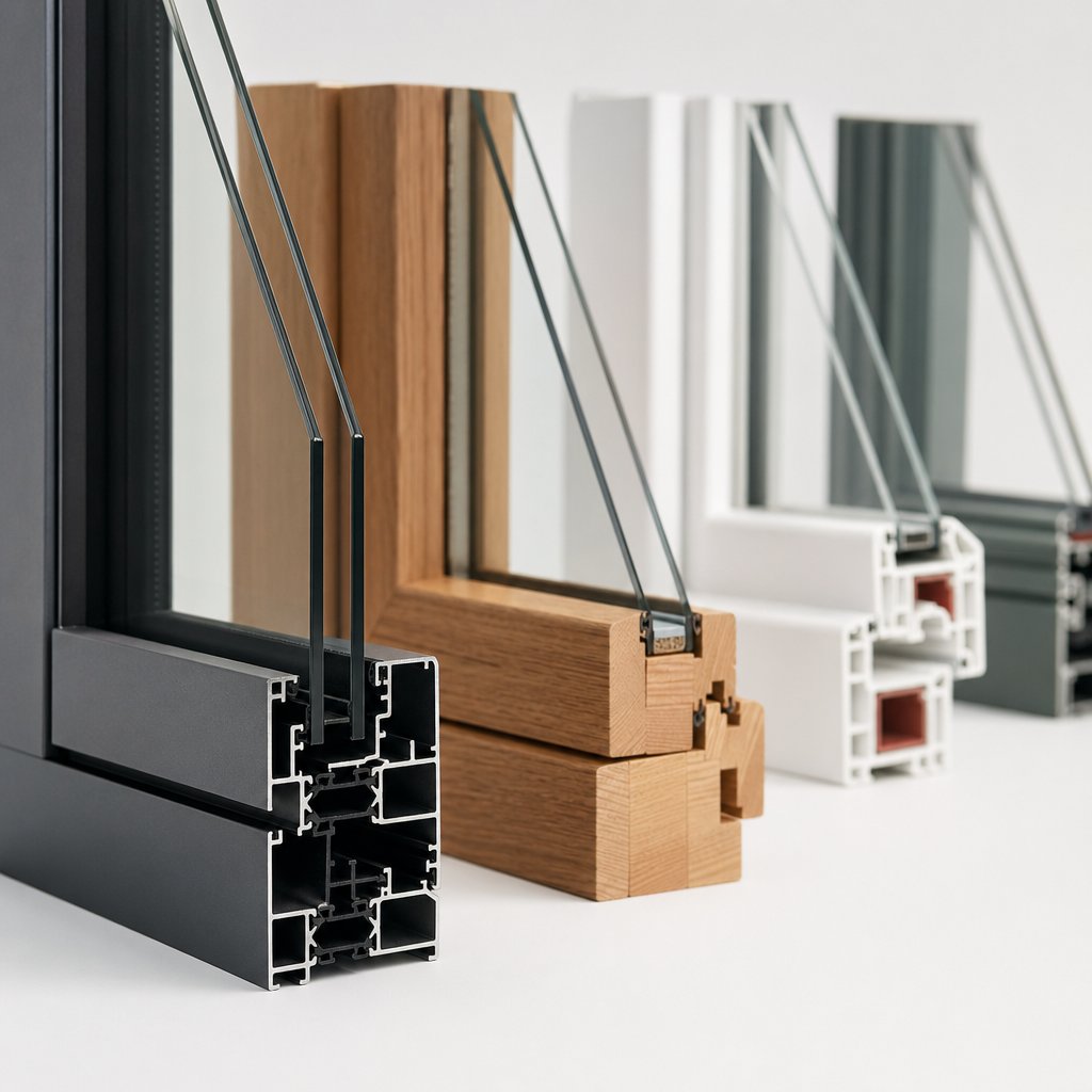 window frame material samples showing aluminium wood vinyl and fibreglass profiles and their distinct textures