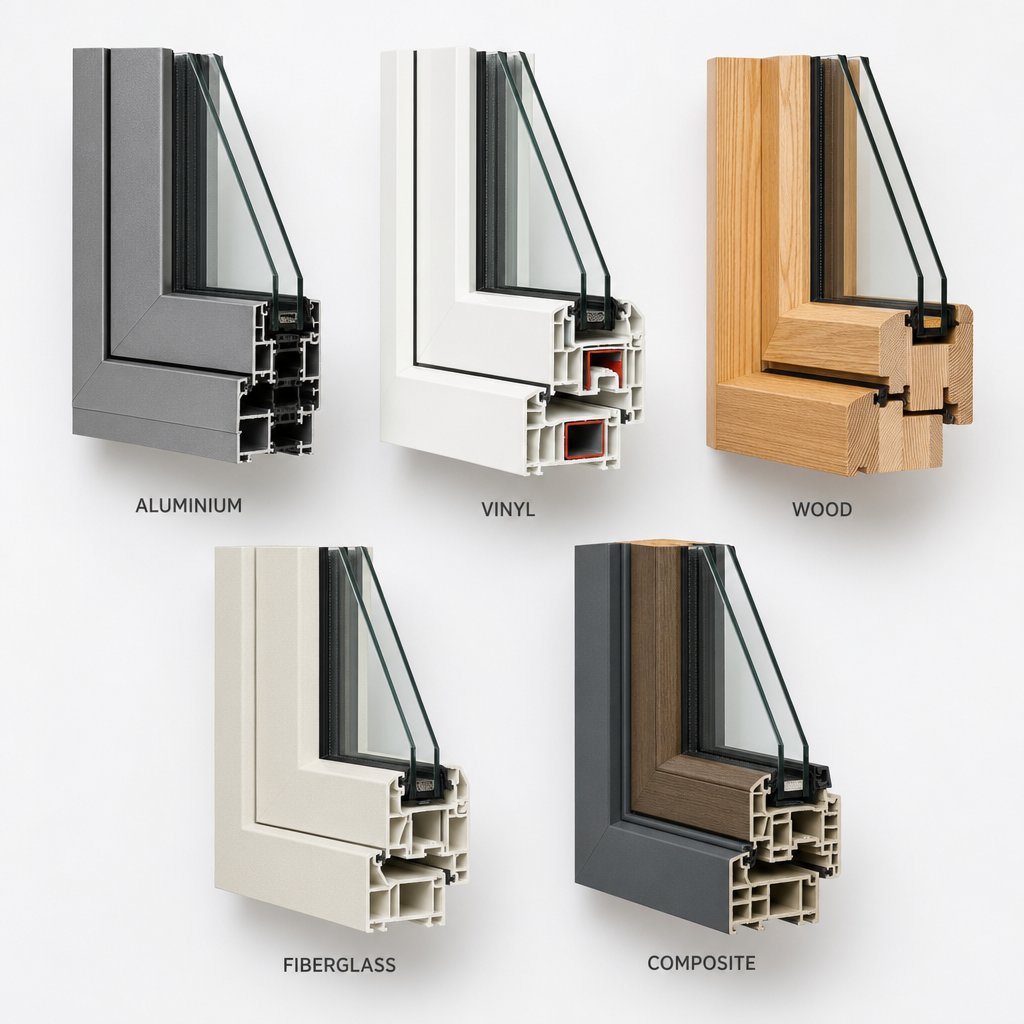 window frame materials including aluminium vinyl wood fiberglass and composite each offer different thermal performance and durability