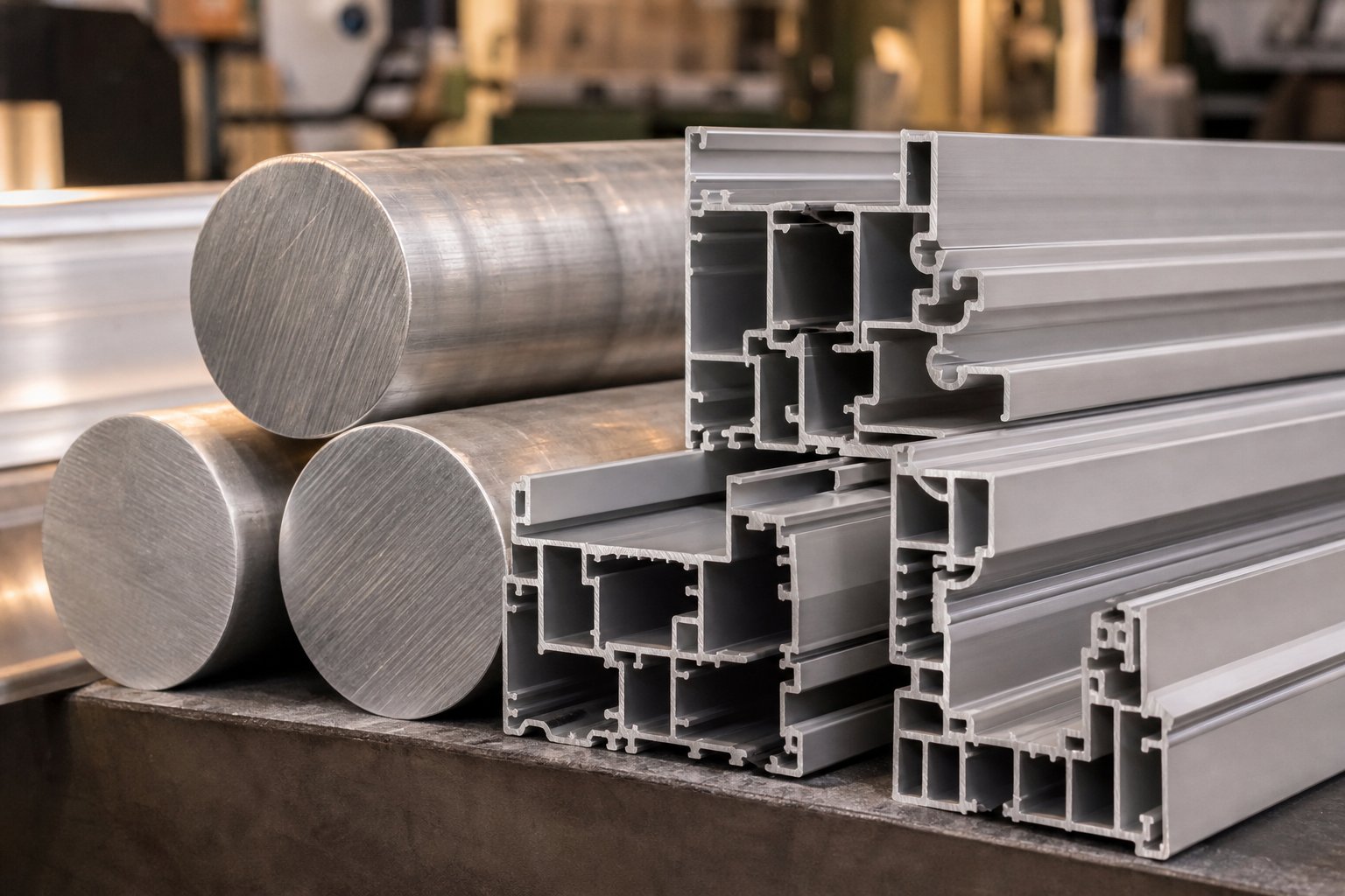 aluminium alloy billets and extruded window profile sections showing the smooth surface finish achieved with 6063 alloy