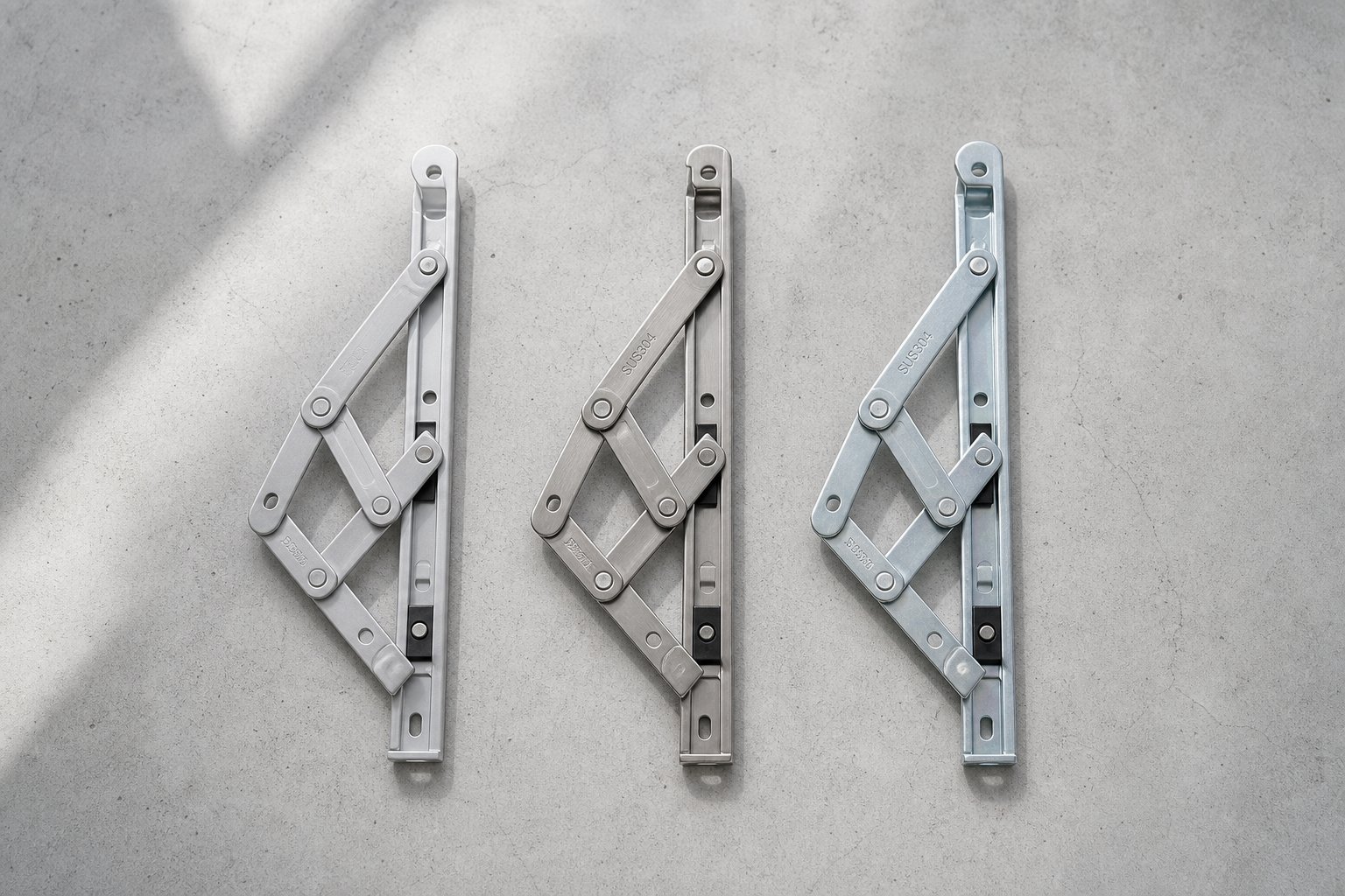 aluminium alloy stainless steel and zinc plated steel friction stays showing material finish differences