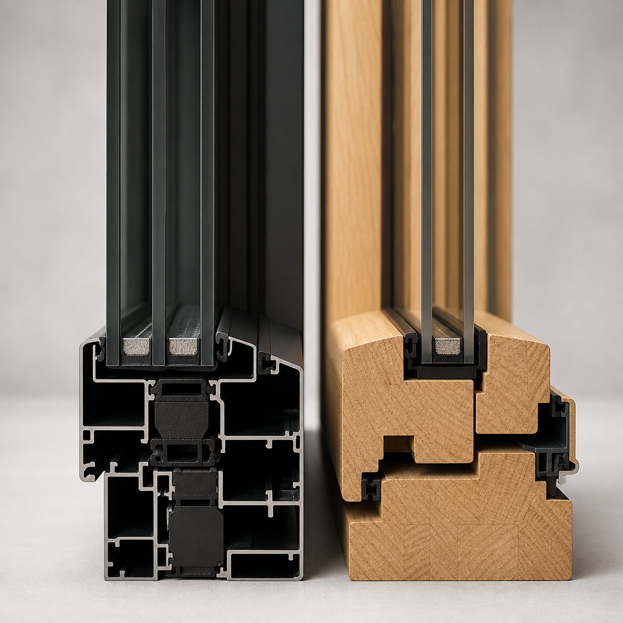 aluminium and timber window frame profiles side by side showing the material and finish differences that drive upfront pricing