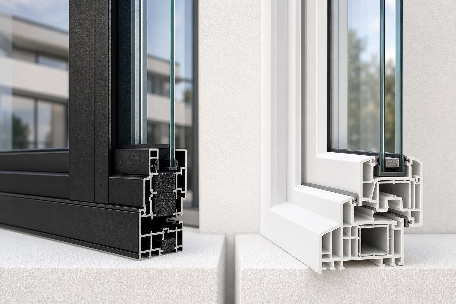 aluminium and upvc window frame profiles showing the difference in sightline thickness and construction